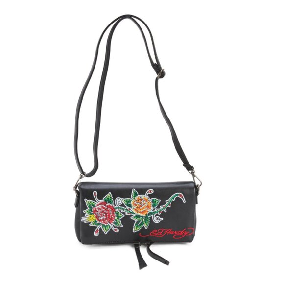 ED HARDY Black Multi Foldover Crossbody With Flower Detail - Picture 1 of 2